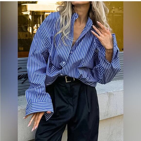 NWT NEW Thakoon Oversized Blue Striped Button Down Top - Picture 1 of 9